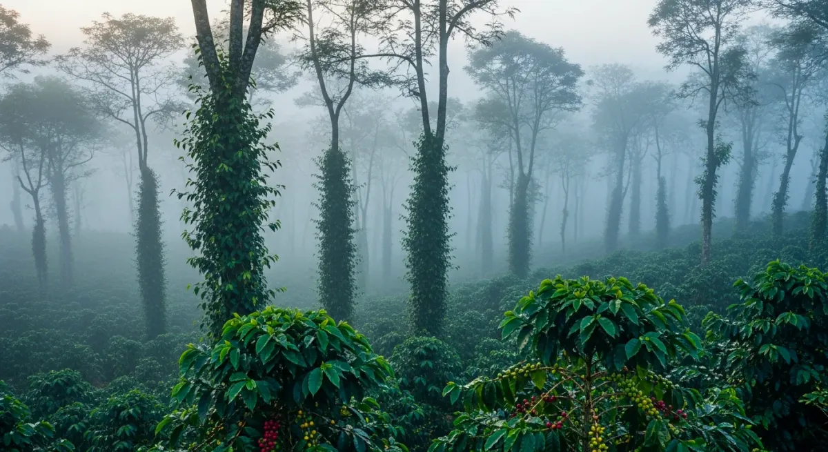 Multi-tiered plantation canopies highlighting the subtle terrain and microclimate variations between major coffee belts.
