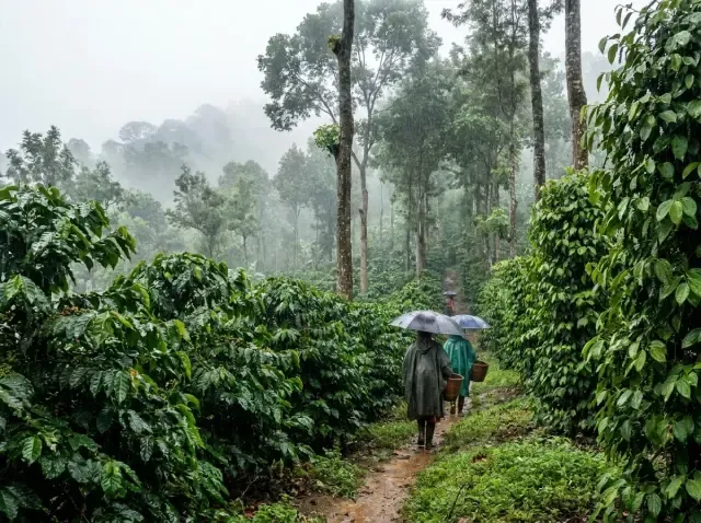 Traditional deep-shaded coffee plantation pathways winding through mature estate layouts in Sakleshpur.