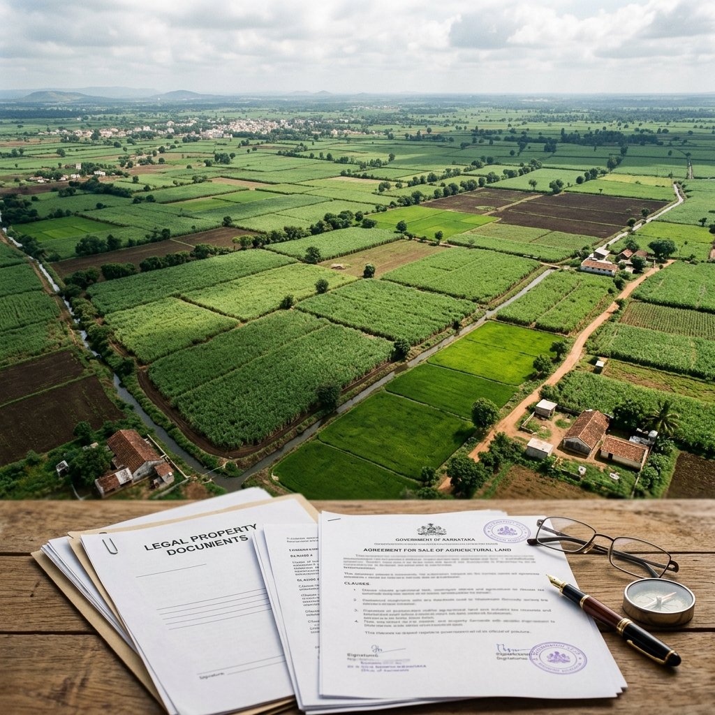 Aerial view of agricultural land in Karnataka with legal documents