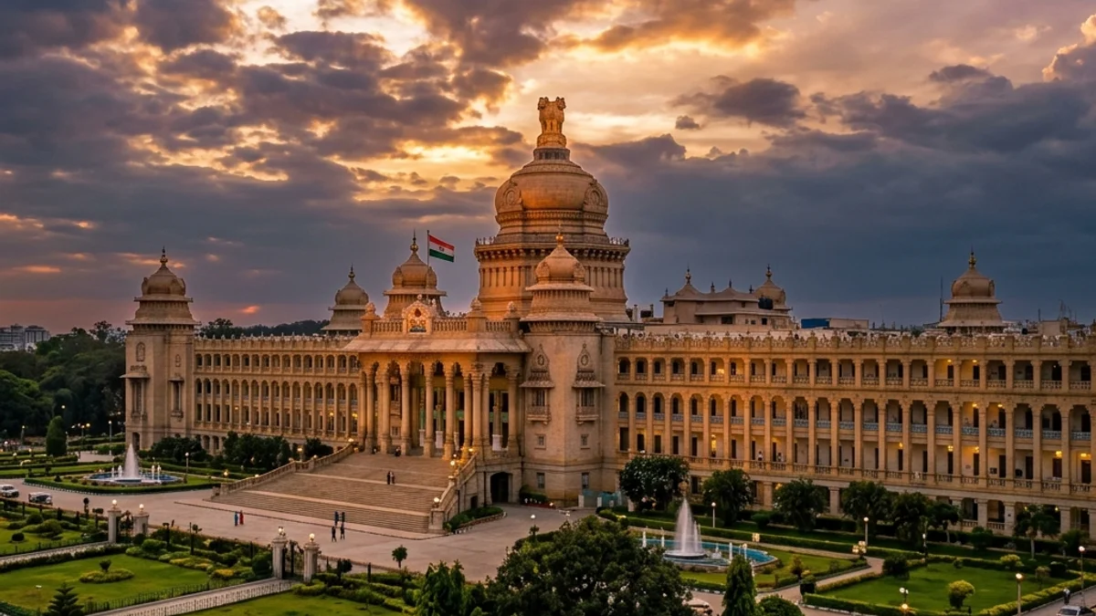 The grand architecture of Vidhana Soudha in Bengaluru, where institutional farming initiatives and state budget plans originate.